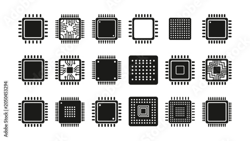 Schilderij op canvas Set of electronic microprocessor chips and computer processor icons