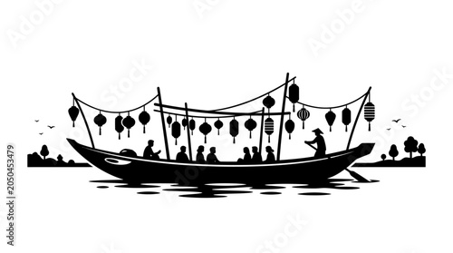 Photos A silhouette illustration of a traditional wooden boat decorated with hanging lanterns