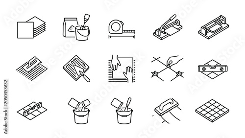Slika na platnu Set of thin line isometric tiling and flooring installation icons