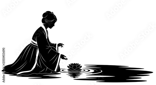 Canvas Print Silhouette of a woman in traditional clothing placing a lotus flower in water