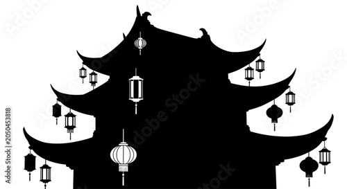 Photos Silhouette of a traditional Chinese pagoda building decorated with hanging lanterns