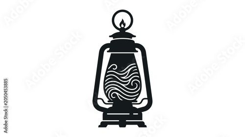 Bild auf Leinwand A minimalist black and white graphic illustration of a vintage oil lantern with wavy ocean patterns inside the glass