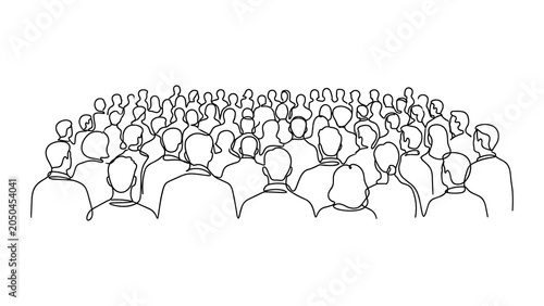 Continuous line drawing of a large crowd of people standing and watching.