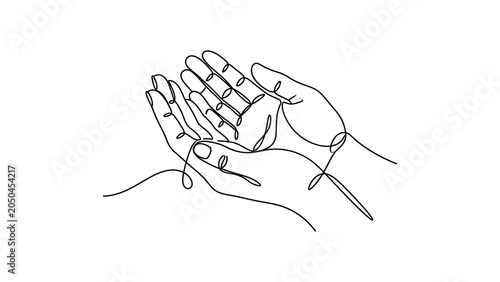 Fotografie Continuous one line drawing of cupped human hands holding something