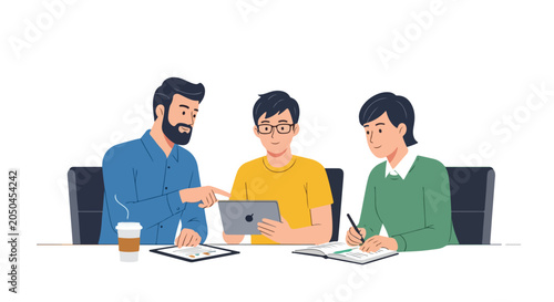 Three colleagues or students are seen collaborating at a table, using a tablet, notebook, and charts to discuss ideas during a productive group session.