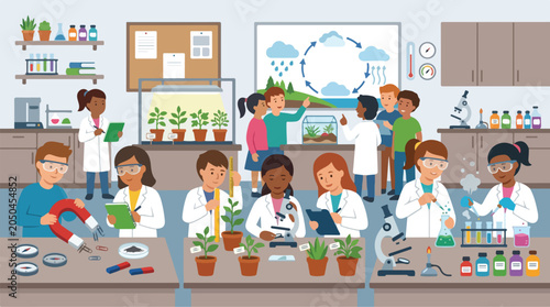 Diverse group of elementary students conducting science experiments in a classroom laboratory with a weather cycle chart