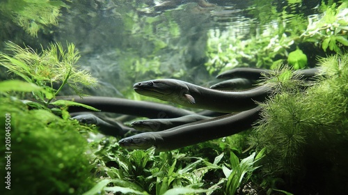Eels Swimming Among Lush Aquatic Plants in Freshwater Habitat