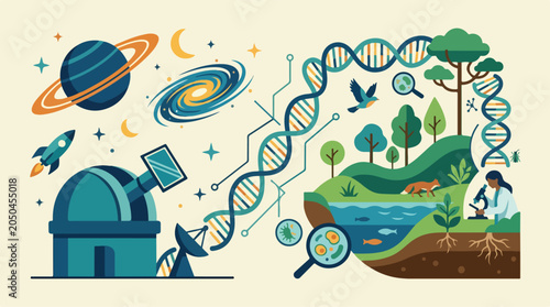 Scientific illustration showing connection between astronomy and biology with observatory, DNA helix, space exploration, and nature conservation