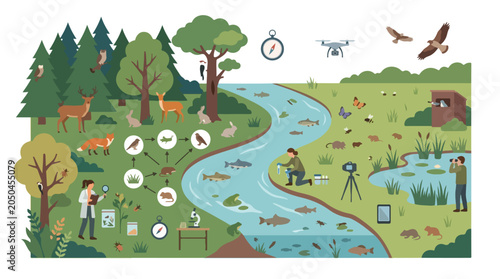 Comprehensive Ecological Research and Biodiversity Conservation Efforts within a Vibrant Riverine and Forest Ecosystem Illustrated with Scientific Study Tools