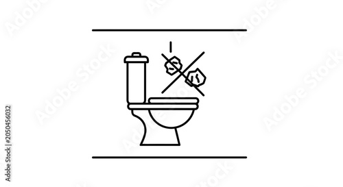 No trash in toilet icon, do not flush waste, hygiene warning sign