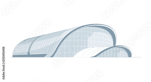Modern architectural structure featuring two overlapping curved glass roofs against a white background.