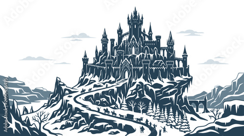 Картината върху платно A majestic gothic castle perched atop a snow covered mountain peak