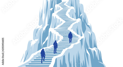 Tableau sur toile Three figures climbing a steep staircase carved into a massive icy mountain peak