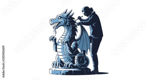 Canvastavla A skilled sculptor meticulously carving a detailed stone dragon statue in a studio