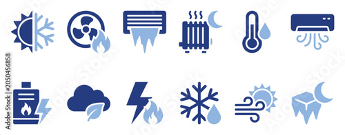 Heating cooling weather icons. Climate control energy symbols. Temperature condition device glyphs. Flat style icon set.