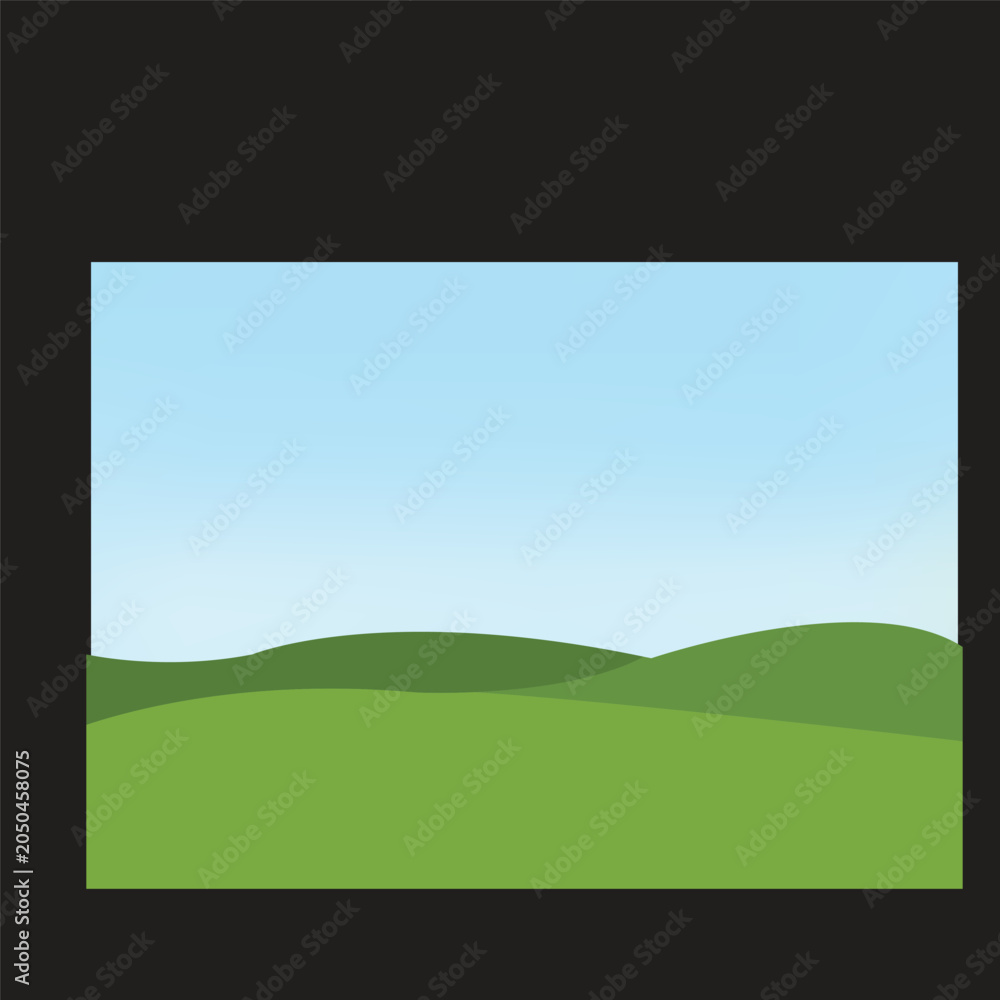 Fototapeta premium Minimalist green rolling hills landscape with clear blue sky vector background