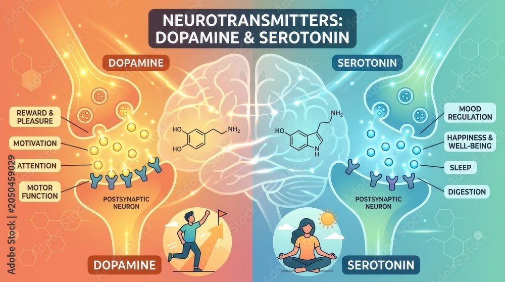 Naklejka premium Neurotransmitters Dopamine and Serotonin Brain Chemistry Explained.