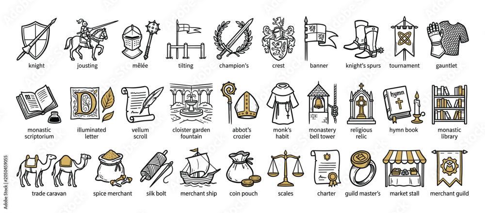 Obraz premium Medieval life outline icons. Ancient history symbols graphics. Knight monastic merchant pictograms collection. Outline icon collection. Vector illustration.