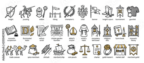 Medieval life outline icons. Ancient history symbols graphics. Knight monastic merchant pictograms collection. Outline icon collection. Vector illustration.