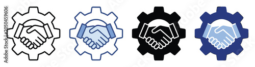 Handshake gear icon. Partnership collaboration symbol. Business agreement pictogram. Outline and solid style collection. Vector illustration.