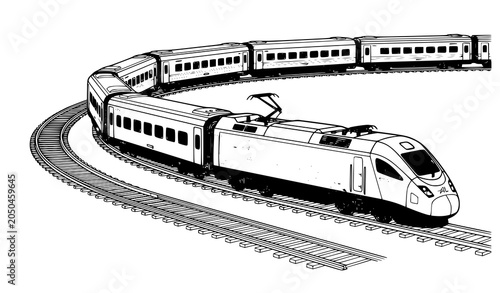 Fényképezés Passenger Locomotive Pulling Railcars Around a Curve Transportation Vector Desig