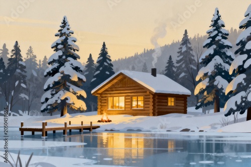 Cozy Winter Cabin by Frozen Lake with Snowy Trees