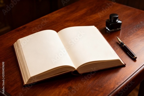 Open book with pen and ink on wooden table