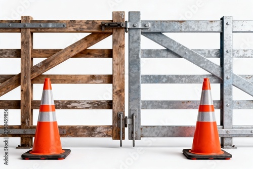 Wood and Metal Gate with Traffic Cones