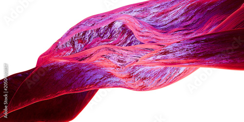 3D magenta ribbon wave with textured surface on transparent background, abstract flowing organic geometry