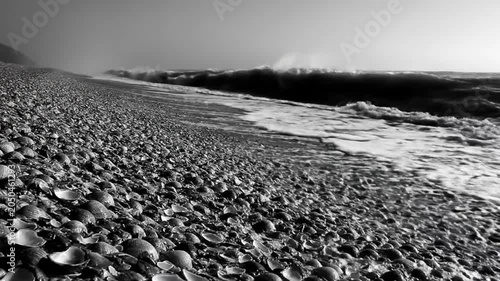 Black and white view of a rocky seashore with waves crashing on the beach, creating sea foam and a serene ambiance