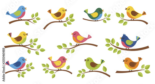 Foto Collection of cute cartoon birds perched on branches.
