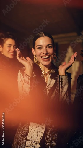 Models smile and interact in a studio setting during a fashion shoot in the evening