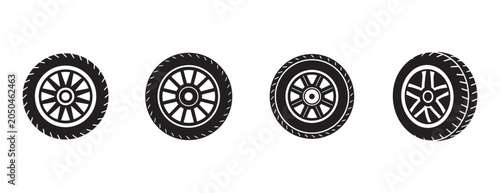 car tire designs with various treads and rim styles for automotive or industrial use on a white background