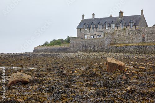Island cafe at St Michael's Mount with bladder wrack on the shore. Cornwall. England. Great Britain