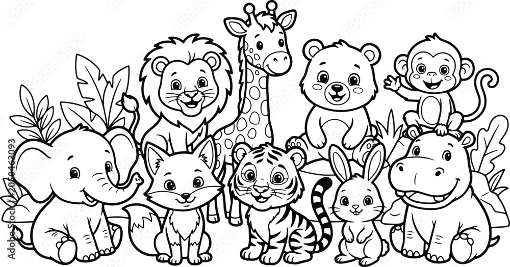 Fototapeta premium Cute Jungle Animals Group Coloring Page Illustration for Preschool Kids