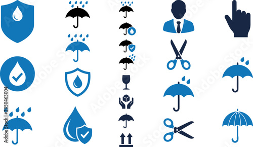 Fotografie Collection of blue and black vector icons representing waterproof protection, sa