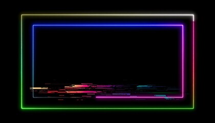 Rectangular neon frame with glitch effects, black background