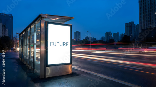 Empty urban bus stop advertising display at night with motion blur traffic on city street, billboard