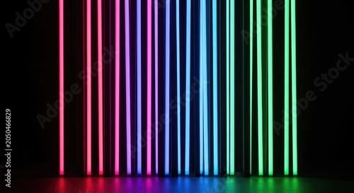 Vibrant neon vertical stripes glow intensely against a dark background. Glowing lines of electric pink, blue, and green create a dynamic flow, flow, light, radiance