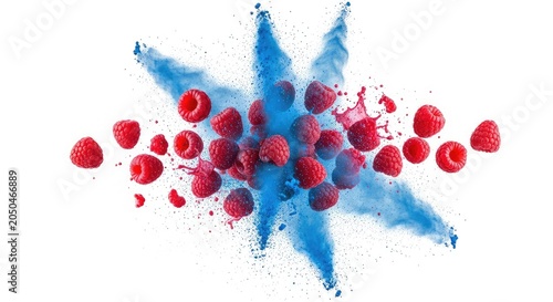 Vibrant red raspberries collide with bursts of electric blue powder in a high-speed motion splash, creating a dynamic and colorful display, burst, particles, dust