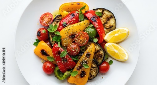 Vibrant roasted salad with charred peppers, juicy tomatoes, and eggplant on white ceramic, topped with golden olive oil, herbs, and lemon wedges, herbs, wholesome, ceramic