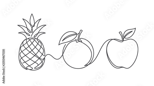 Foto Continuous Line Drawing of Pineapple, Orange, and Apple