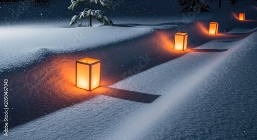 Warm orange lanterns illuminate deep snow drifts as soft white flakes fall gently during a peaceful and silent cold winter night scene, weather, ice, peaceful