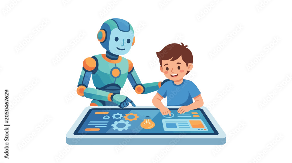 Fototapeta premium Robot and Child Interacting with Futuristic Technology Together.