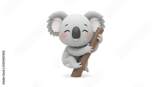 Minimalist smooth soft matte texture koala mascot standing on a twig 3D render