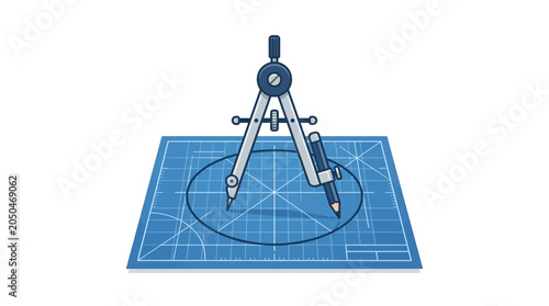 Drafting compass on blue mat board.