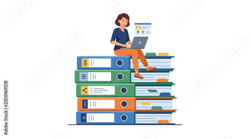 Woman sitting on stack of binders.