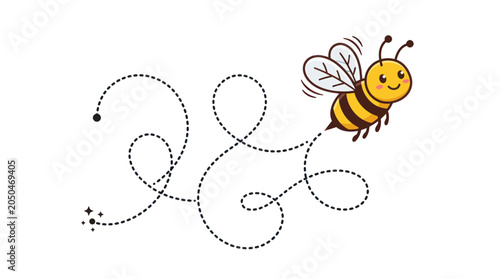 Foto Cute cartoon bee flying, leaving a dotted line path, isolated on white backgroun