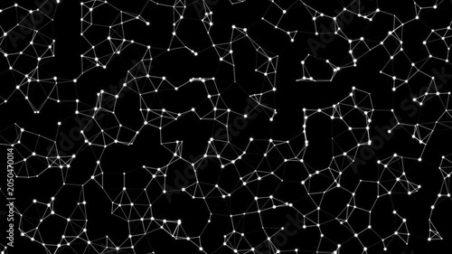 Network nodes display a complex web of interconnected white dots and thin lines against a deep black background, representing the intricate structure of global digital connectivity and data systems.