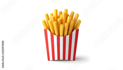 Classic 3D icon of a red striped paper box overflowing with golden crispy french fries isolated on white background